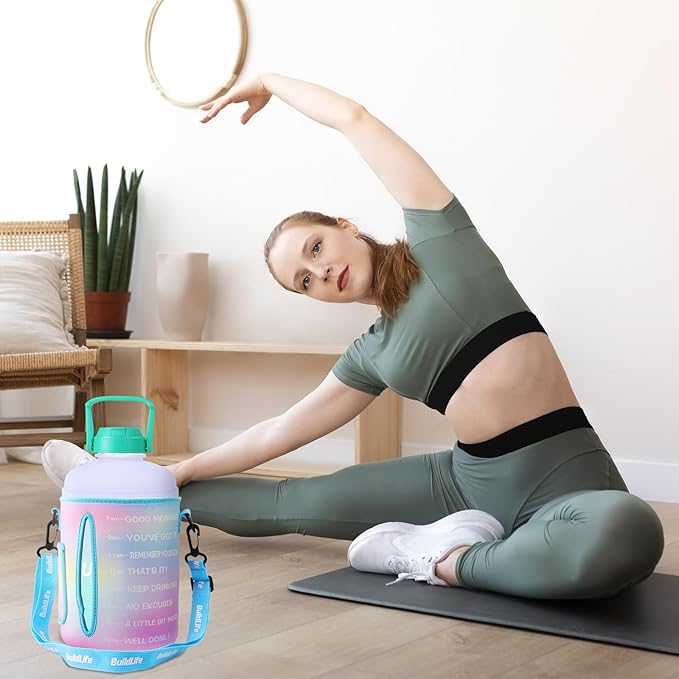 QuiFit 1 Gallon Water Bottle - with Straw & Motivational Time Marker Leak-Proof BPA Free Reusable Gym Sports Outdoor Large(128OZ) Capacity Water Jug(Purple/Green with Sleeve,1 Gallon)