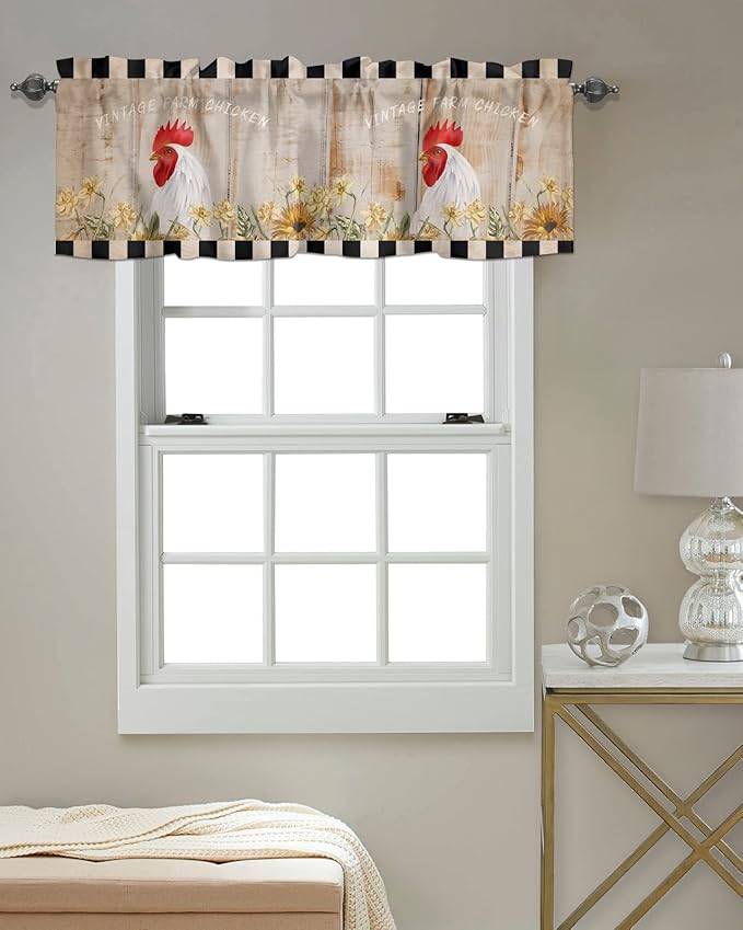 Farmhouse Kitchen Curtains Valances for Windows Sunflower Vintage Farm Chicken Rod Pocket Window Treatment for Kitchen/Living Room/Bedroom/Bathroom,42" X 12" -1 Panel, Black White Plaid