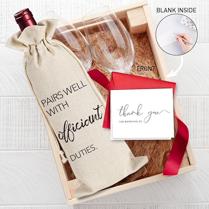YAANUNULU Wedding Gifts for Officiant, Wedding Officiant Wine Bag for Wedding Day, Best Officiant Ever, Pairs Well With Wedding Officiant, Drawstring Burlap Wine Bag, 1 Wine Bag with 1 Thankful Card