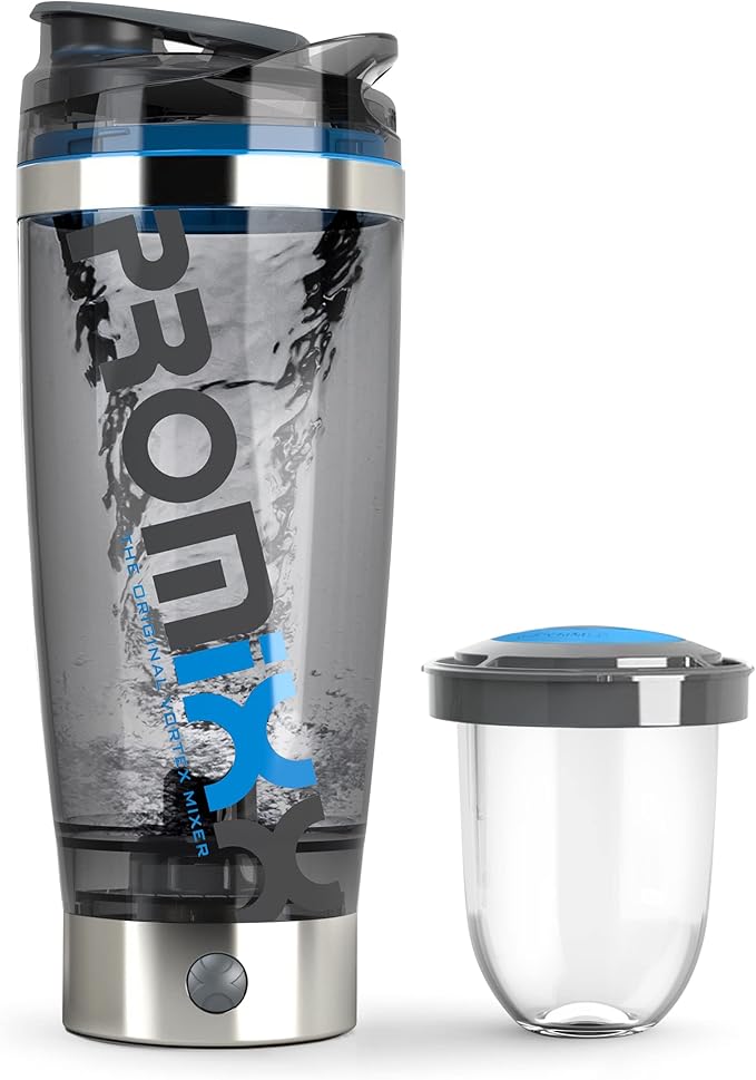 Promixx Pro Shaker Bottle (iX-R Edition) | Rechargeable, Powerful for Smooth Protein Shakes | includes Supplement Storage - BPA Free | 20oz Cup (Silver Blue/Gray)