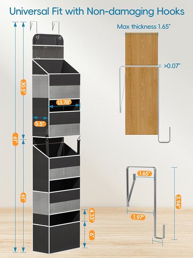Over the Door Organizer Storage - Zippered 6 Shelf Behind Door Hanging Organizer with 8 Large Pockets, Anti-Tilt Design for Nursery, Bathroom, Bedroom, Kitchen, Dorm, Camper, Toys, Diapers, Cosmetics