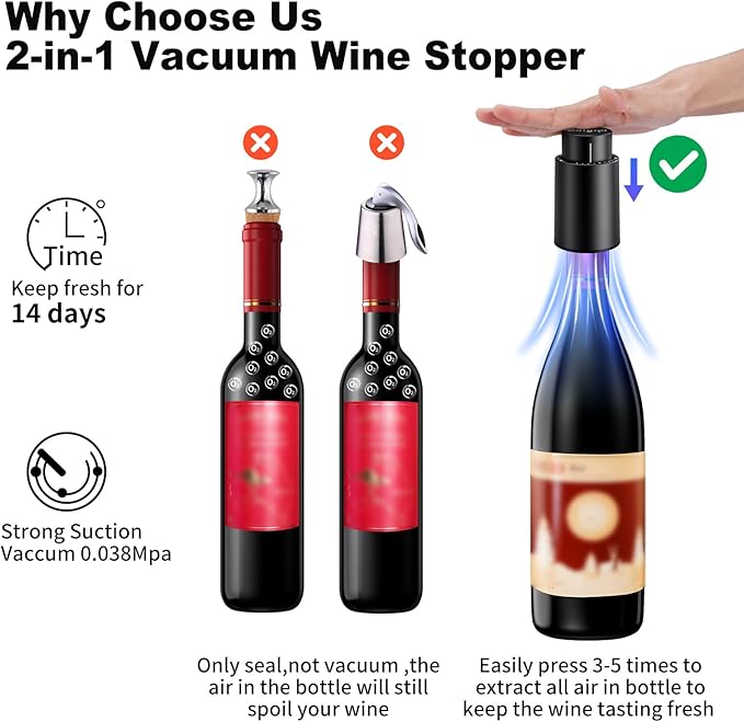 Wine Bottle Stoppers,2-in-1 Vacuum Wine Stopper,Reusable Wine Savers, Wine Preserver Vacuum Pump Corks Keep Wine Really Fresh, Best Gift Accessories (1 Pack)
