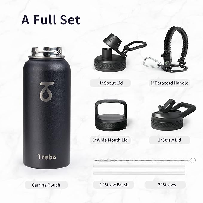 Trebo 32 oz Water Bottle Insulated with Lid and Straw,Double Wall Vacuum Stainless Steel Metal Tumbler Sports Flask with Paracord Handle, Keep Hot 24 Hours & Cold 48 Hours Water Cup with 3 Lids, Black
