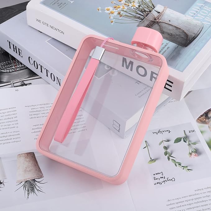 Flat Water Bottle, Portable A5 Water Bottle, 13oz Flat Travel Flask for Camping Fitness Gym (Pink)