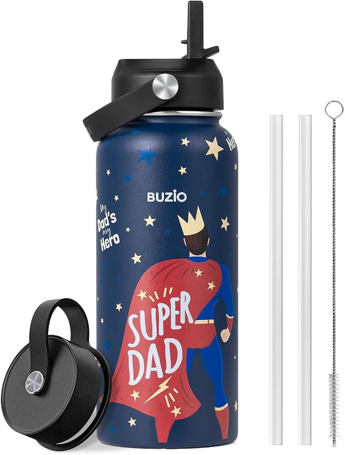 Father's Day Gifts for Dad, Funny Birthday Gift 32oz BUZIO Insulated Water Bottle with Straw Lid Stainless Steel Dad Tumbler from Son, Cold for 48hrs Double Wall Vacuum Thermo Canteen Cup, Hero