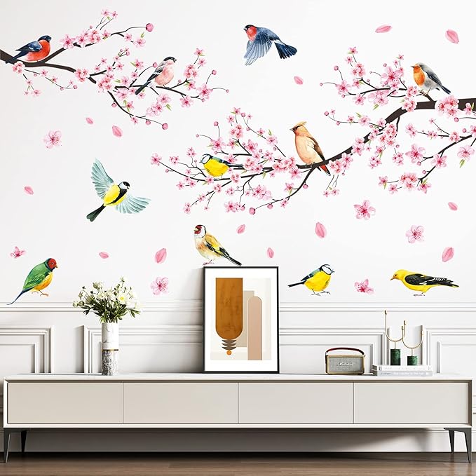 Amaonm 4 Sheets of 12"x36" Removable Pink Red Cherry Blossom Flowers Wall Stickers DIY Flying Birds and Tree Brances Wall Decals 3D Peel and Stick Floral art Decor for Kids Girls Bedroom Living Room Nursery Decoration (51"x75")