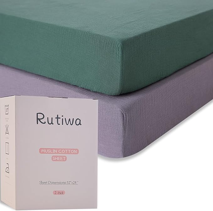 Muslin Fitted Crib Sheets for Baby Neutral Fit Standard Crib Toddler Mattress(28"x 52") 100% Organic Cotton Sheets Soft and Breathable Boho Bedding (Bottle Green&Neutral Gray)