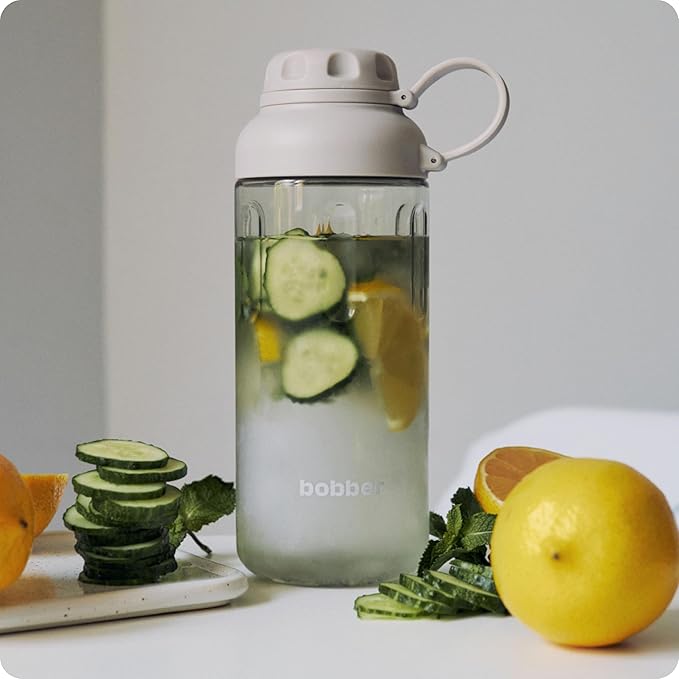 BOBBER 30 oz Clear Tritan Sport Water Bottle with Spout Lid and Handle — Dishwasher Safe, BPA Free & Leak Proof Bottle for Gym, Workout, Running — Water Diffuser Bottle for Fruit With Strainer (Grey)