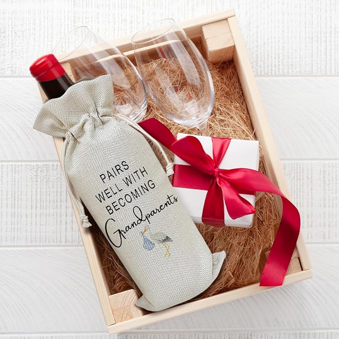 Pregnancy Announcement Wine Bag, New Grandparents Gift Funny Wine Gifts for Women Men, Party Favor Wine Champagne Gift Bag With Drawstring -05
