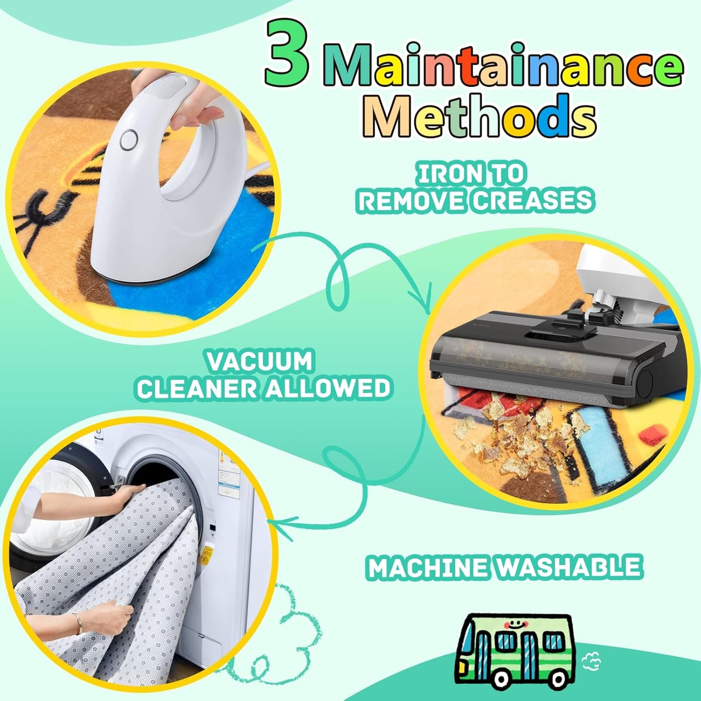 Kids 6x9 Ft Construction Site Play Rug, Baby Play Mat, Tufted Wool & Rubber, Non-Slip, Stain & Fade Resistant, Machine Washable, Rustic Cartoon Construction Site Pattern