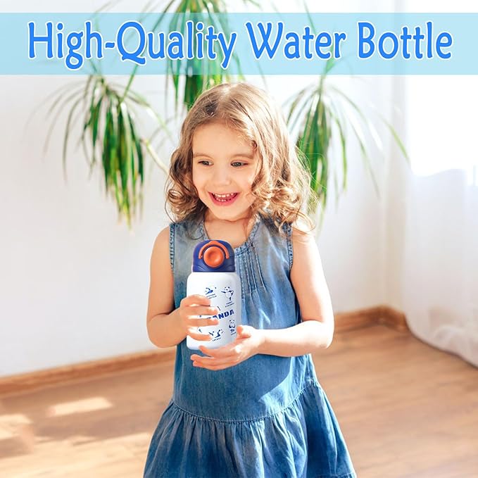 Cute Water Bottle with 3 Lids, BPA-Free Reusable Insulated Water Bottle with Adjustable Strap and Straw for Travel Sports Camping and Kids Gifts (WHITE)