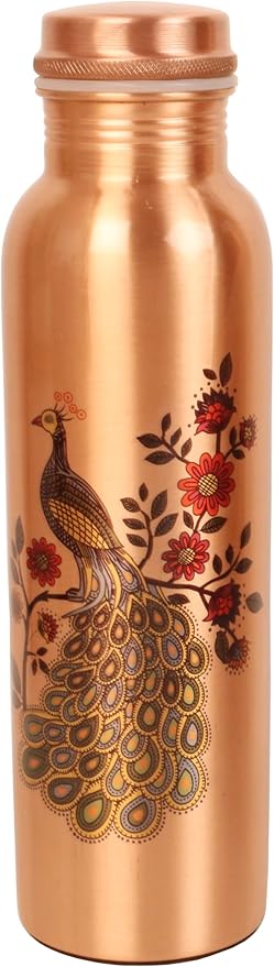 Pure Copper Water Bottle - Handcrafted - Ayurveda health benefits - Large 35 oz - Leak proof - Easy to carry for Sports, Fitness, Yoga, School - Natural Copper Finish Peacock Motif Enamel