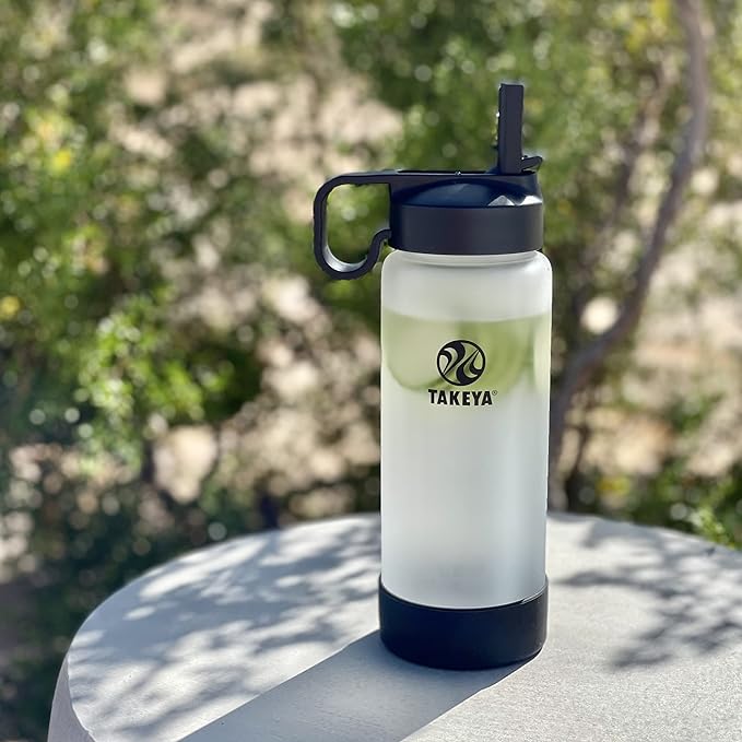 Takeya 22 Oz Glass Water Bottle, Shatter Resistant, Premium Quality, Sure-Grip with Straw Lid, Onyx