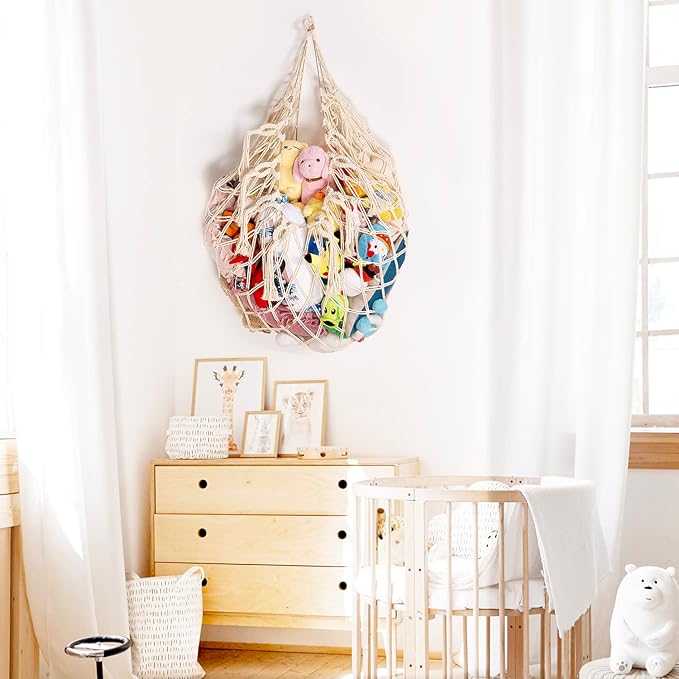 Stuffed Animal Net or Hammock Wall Hanging Net for Stuffed Animal Storage Macrame Toy Display Plush Toy Holder Soft Toy Organizer for Nursery Baby Bedroom Playroom-Cream