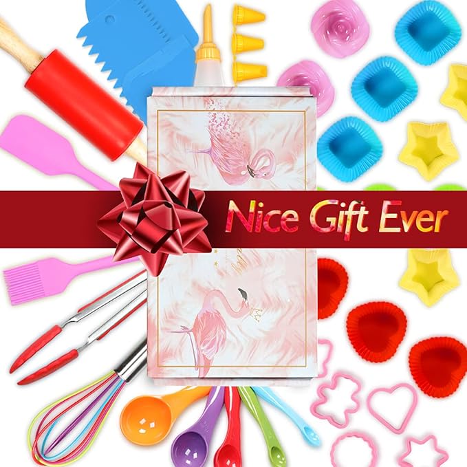 Kids Cooking and Baking Set 40 Pcs with Gift Box, Real Kitchen Utensils Kit for Children Toddlers Teens, Gift for Girls&Boys, Nonstick Rolling Pin Silicone Pastry Mat Cupcake Molds
