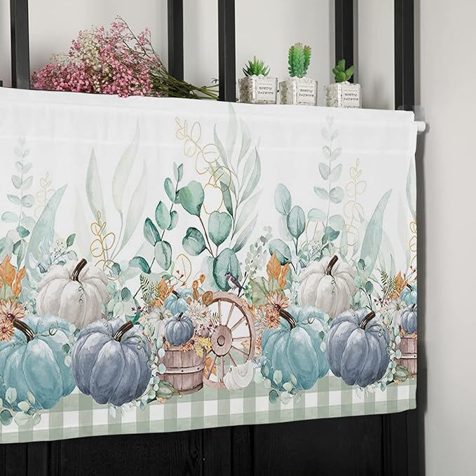 Fall Thanksgiving Kitchen Curtains Valances for Windows Navy Blue Pumpkins Green Eucalyptus Leaves Rod Pocket Window Treatment for Kitchen /Living Room/Bedroom/ Bathroom,42" X 12" Sage Farmhouse Plaid