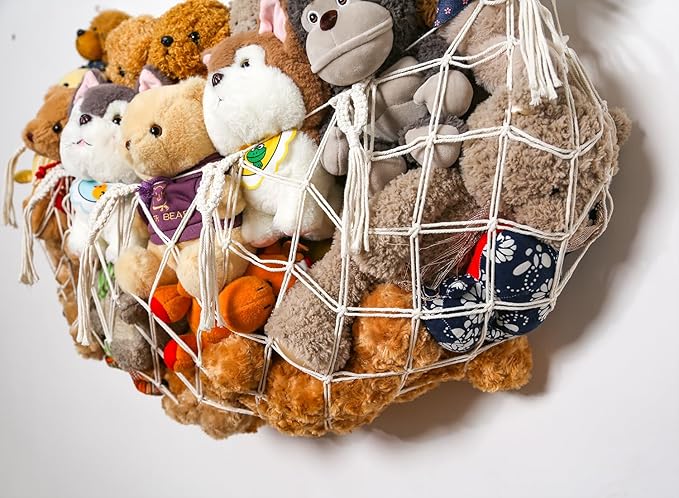 Stuffed Animal Soarage Hammock Macrame Toy Diaplay Plush Toy Holder Ceiling Hanging Net for Stuffed Animal Storage (Cream, Small)