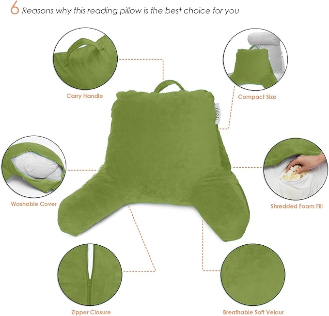 Nestl Reading Pillow Standard Bed Pillow, Back Pillow for Sitting in Bed Shredded Memory Foam Chair Pillow Reading & Bed Rest Pillows Calla Green Back Pillow for Bed, Bed Chair Arm Pillow with Pockets