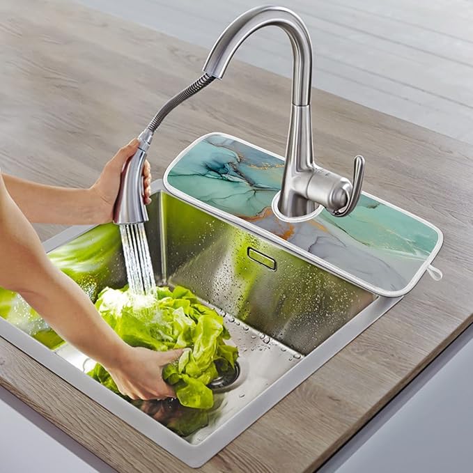 Marble Turquoise Green Faucet Water Catcher Mat 2 Pack Tie Dye Gray Purple Drying Mat Absorbent Bathroom Faucet Handle Drip Catcher Tray Bar RV Kitchen Sink Splash Guard 23x5 Inches