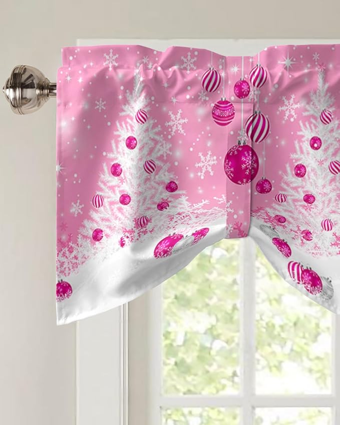 Pink Christmas Blackout Tie Up Valance Curtains for Kitchen Windows White Xmas Tree Snowflakes Pink Balls Window Toppers Balloon Shades for Living Room/Bathroom/Bedroom,1 Panel, 54" X 18", Winter