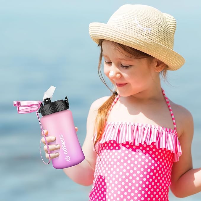 GOPPUS Kids Water Bottle with Straw Spout Lid 10pcs Stickers 12 oz Leak-proof BPA Free Motivational Time Marker Tritan Plastic Water Bottles for Girls Boys School Sports