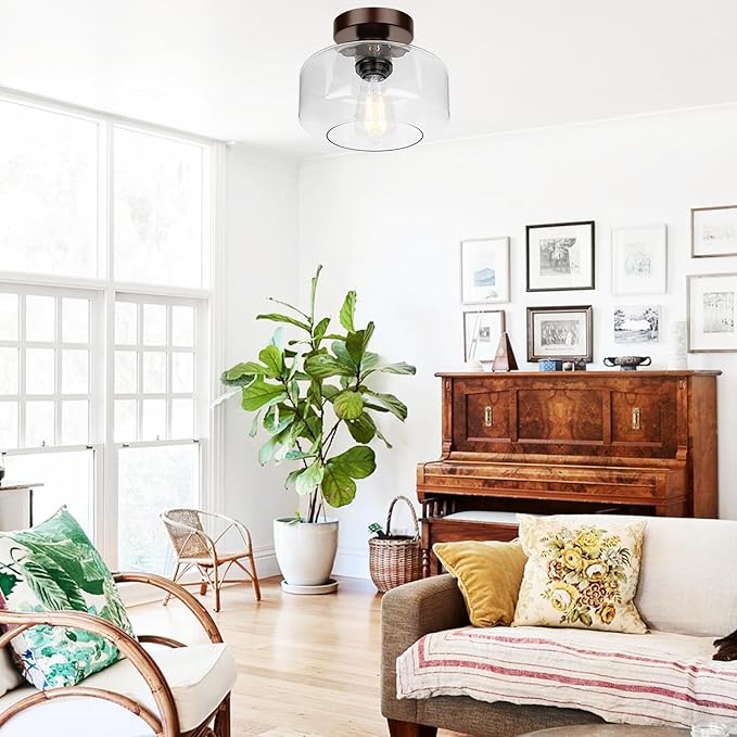 Industrial Semi Flush Mount Ceiling Light Brown, 800 Lumen LED Bulb Included, Clear Glass Shade Ceiling Light Fixture, Light Fixture for Hallway Bathroom Bedroom, Vintage Hanging Light Fixtures