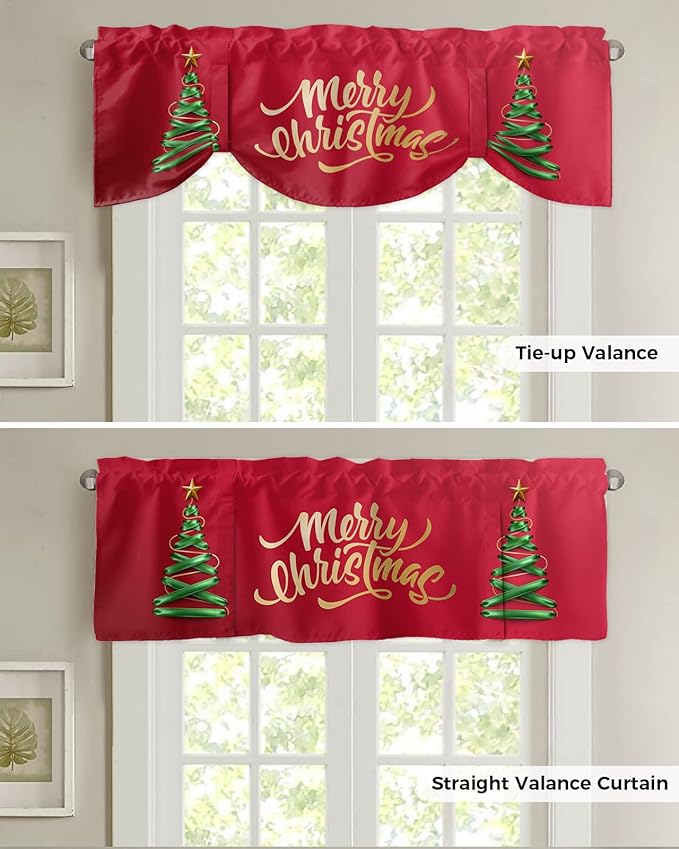 Merry Christmas Blackout Tie Up Valance Curtains for Kitchen Windows Christmas Tree Window Toppers Balloon Shades for Living Room/Bathroom/Bedroom,1 Panel,42" X 18" Winter Holidays
