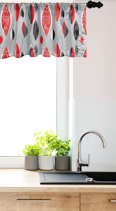 Ambesonne Mid Century Window Valance, Abstract Oval Leaf Forms with Different Designs and Color Combinations, Curtain Valance for Kitchen Bedroom Decor with Rod Pocket, 42" x 12", Red Black Pale Grey