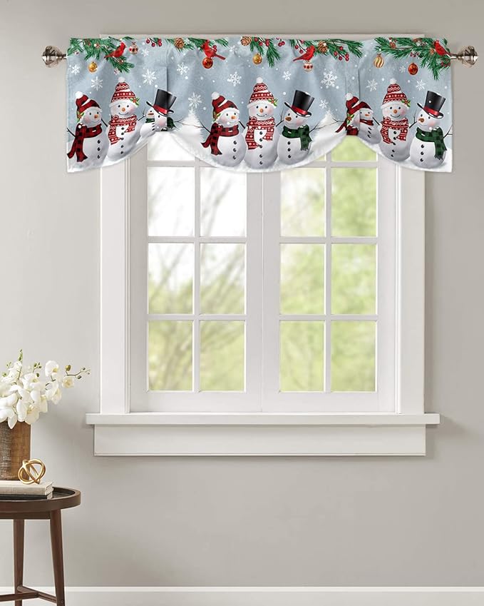 Christmas Blackout Tie Up Valance Curtains for Kitchen Windows Snowman Cardinal Window Toppers Balloon Shades for Living Room/Bathroom/Bedroom,1 Panel,54" X 18" Bluish Grey Winter Holiday