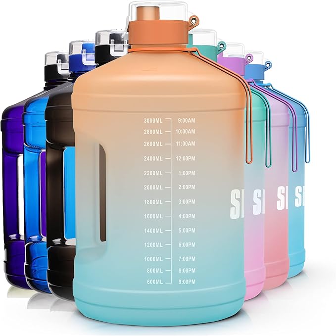 Gallon Big Water Bottle with Handle, 128oz Leakproof BPA Free Fitness Sports Water Bottle with Motivational Time Marker & Wide Mouth Ensure You Drink More Water