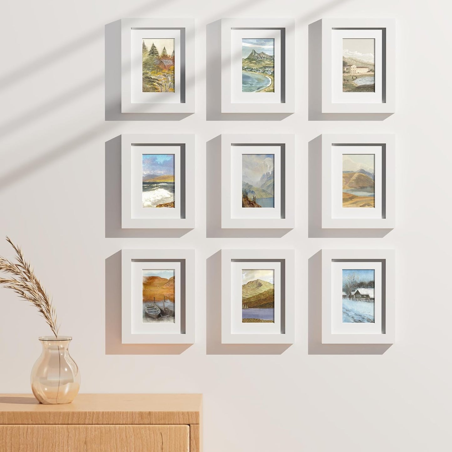 Vittanly 6x8 Picture Frames Set of 9, Shatter Resistant Plexiglass, Display 4x6 Pictures with Mat or 6x8 without Mat, Photo Frames for Wall or Tabletop, Engineered Wood, White