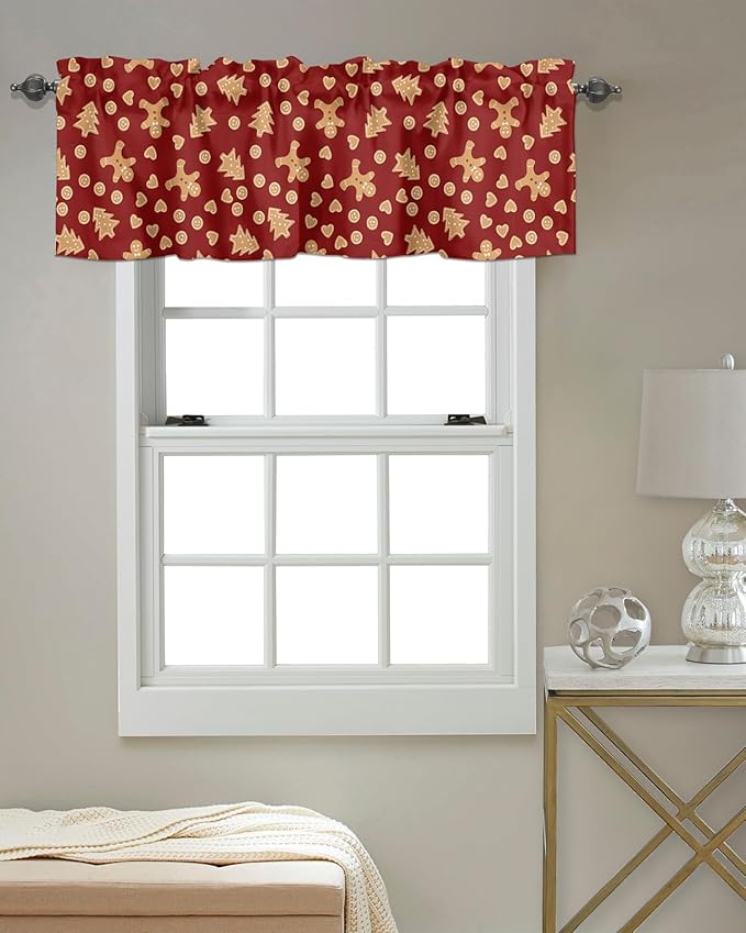Christmas Valance Kitchen Curtains,Red Merry Christmas Gingerbread Man Cookies Window Treatments Short Curtain,Winter Holiday Decorations Rod Pocket Toppers for Bedroom/ Living Room,1 Panel-54" X 18"