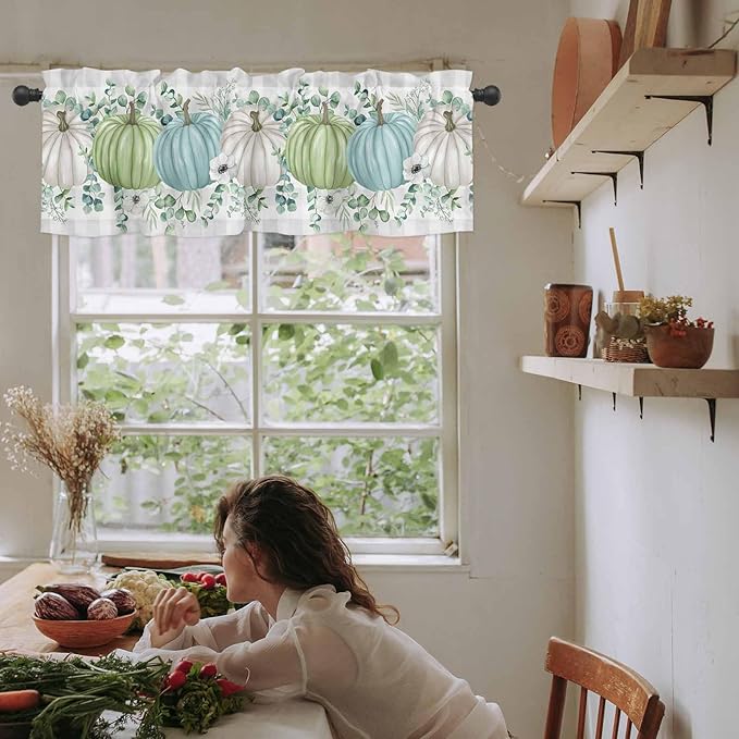 Fall Thanksgiving Kitchen Curtains Valances for Windows Autumn Pumpkins Eucalyptus Leaves Rod Pocket Window Treatment for Kitchen /Living Room/Bedroom/ Bathroom, 42" X 18", White Blue Green Gray Plaid