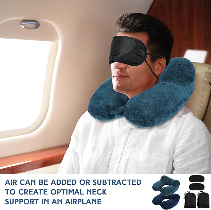 Sintuff 2 Pack Inflatable Travel Pillow for Airplanes Inflatable Neck Pillows with Compact Bag and Blindfold Soft Flight Pillow for Traveling, Airplane, Train, Car, Office(Peacock Green and Blue)
