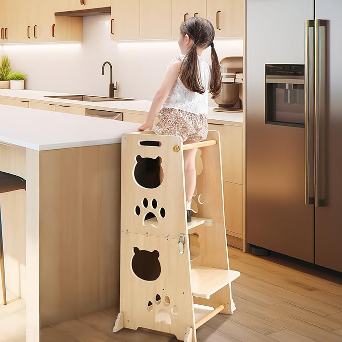 Collapsible Toddler Kitchen Step Stool With Chalkboard, Safety Rail, and Standing Tower for Kids 1-3