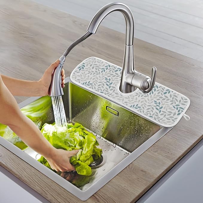 Gray and Blue Leaves Branches Faucet Water Catcher Mat 2 Pack Botanical Herbs Flowers Drying Mat Absorbent Bathroom Faucet Handle Drip Catcher Tray Bar RV Kitchen Sink Splash Guard 14x5 Inches