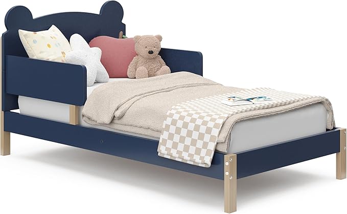 Storkcraft Teddy Bear Toddler Bed (Midnight Blue with Driftwood) - GREENGUARD Gold Certified, includes Toddler Safety Guardrails, Fits Standard Crib & Toddler Mattress, Stylish 2-Tone Design