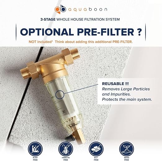 Aquaboon 3-Stage Whole House Water Filter System | Sediment&CTO 5 Micron Water Filters 20x4.5" & Premium Iron & Manganese Filter - w/Wrench, White Bracket & Pressure Gauges & Release Buttons (1" Port)