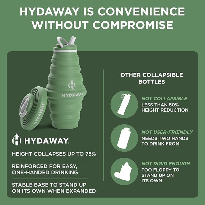 HYDAWAY Collapsible Water Bottle - 25oz I Reusable Water Bottle with Flip Top Lid for Travel, Hiking, Backpacking I Portable & Leakproof, Food-Grade Silicone, BPA Free, Collapses to 1.5”