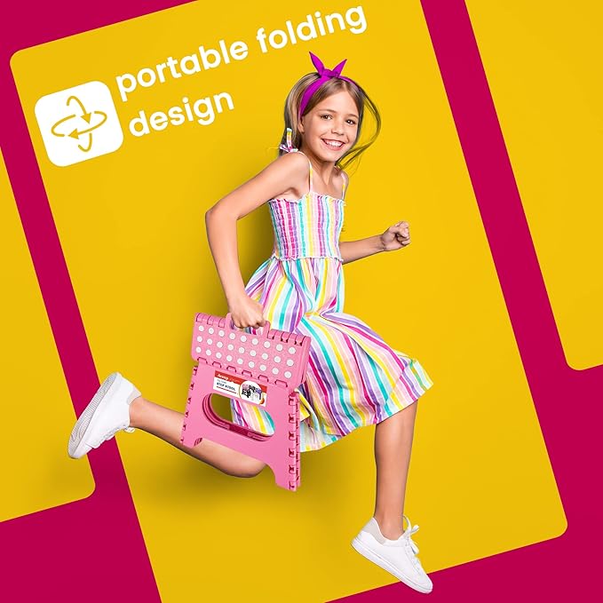 ACSTEP Folding Step Stool for Adults-11 Height Lightweight Plastic Stepping Stool. Foldable Step Stool Hold up to 300lbs Non Slip Collapsible Stool Pink