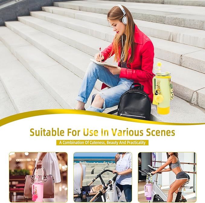 Stanley Cup Accessories Set Including 1 Pcs Water Bottle Handle Strap, 1 Pcs Siliocne Straw Cover, 1 Pcs Siliocne Stanley Cup Boot, 3 Pcs Stanley Charms for Stanley Cup 40oz & 30oz Tumbler - Yellow