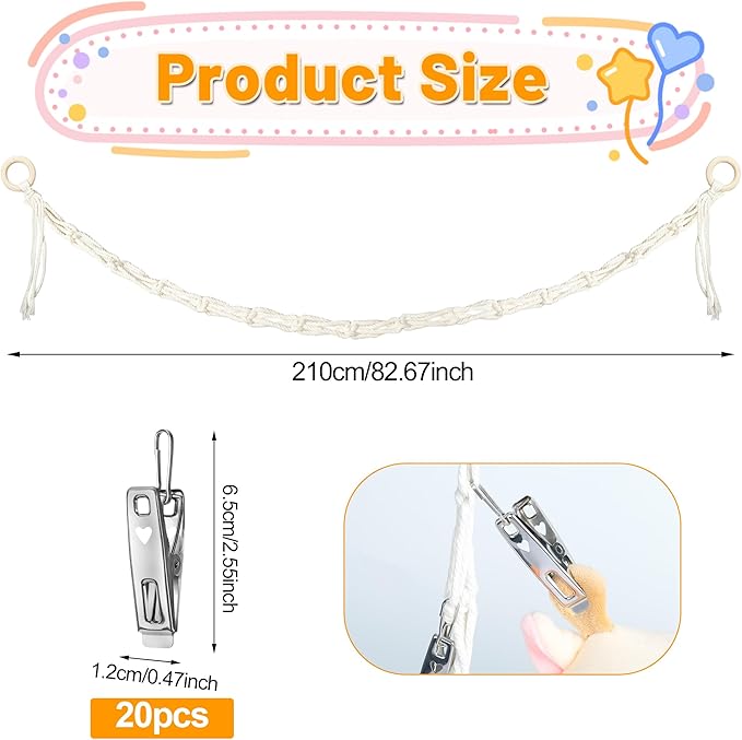 Stuffed Animal Storage Hammock Corner - Hanging Stuffed Animal Holder with 20 PCS Metal Clips, Boho Stuffed Animal Organizer Chain for Hanging Hats Socks Holiday Cards (1pc Beige)