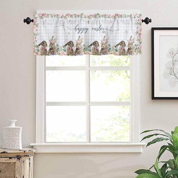Rabbits Flowers Easter Kitchen Curtains and Valances Set,Eucalyptus Leaf Spring Summer Window Tiers Grey White Buffalo Plaid Half/Short Curtains for Small Windows Cafe /Living Room/ Bedroom 54x 36 in