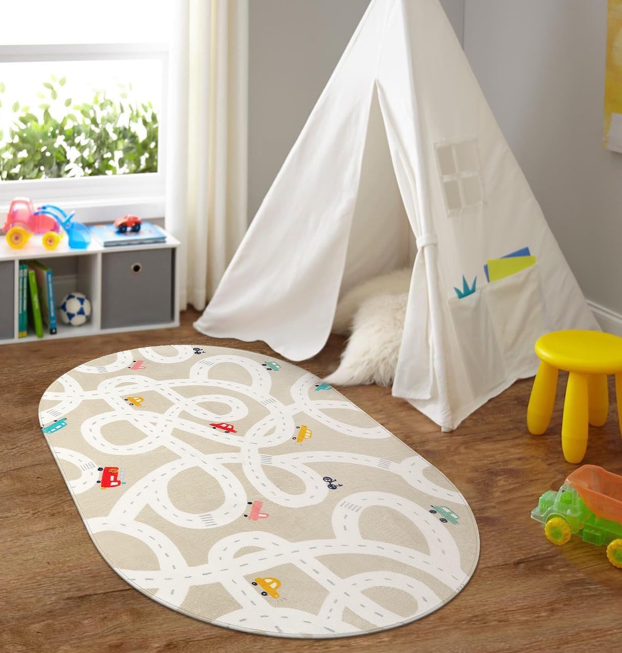 STARUIA Small Kids Rug for Kids Room, 3'x5' Washable Road Rug for Baby Nursery, Non-Slip Car Rugs for Playroom, Tan Traffic Play Mat Soft Fun Rugs for Boys Girls Dorm Toy Room Tent