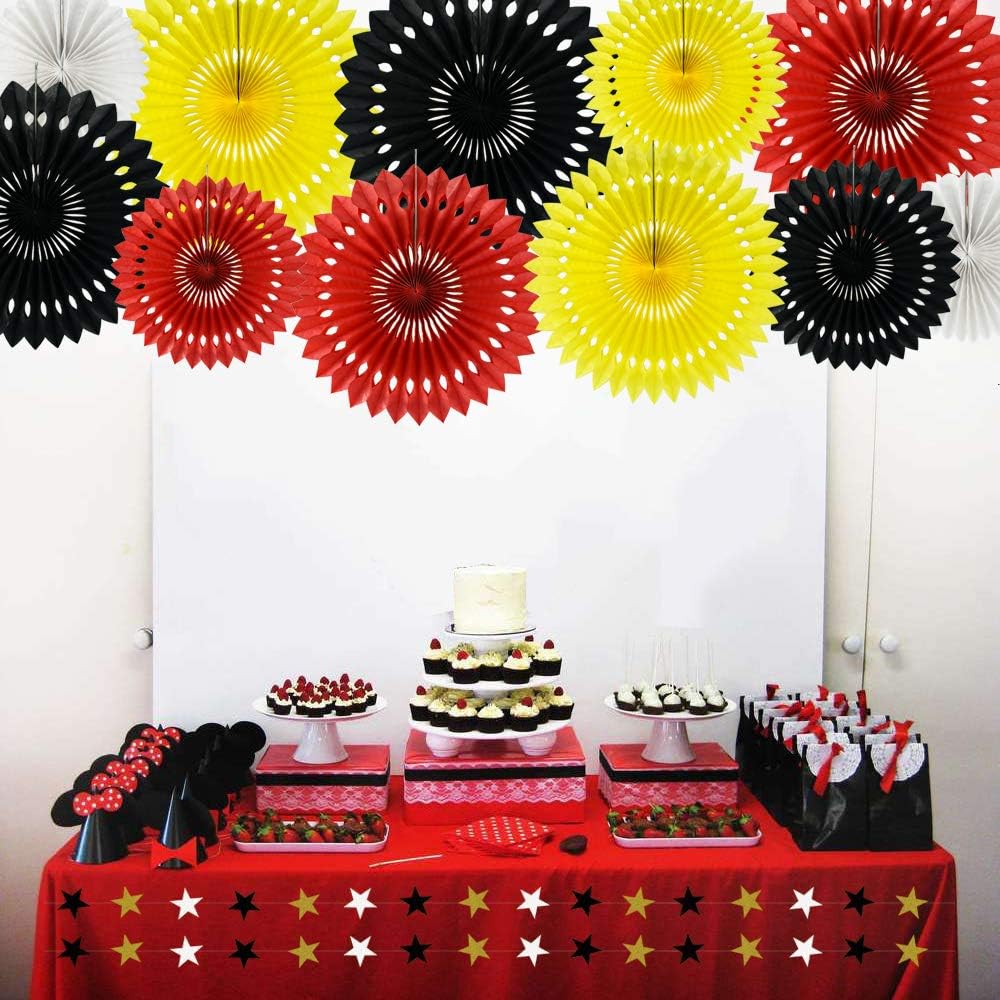 Red Yellow Black Hanging Tissue Honeycomb Round Paper Fans Decoration Kit for Baby Kid Shower Mouse Theme 1st Birthday Wedding Bachelorette Backdrops Anniversary Paper Party Supplies(11 Packs)