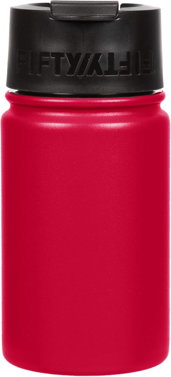 Fifty/Fifty 12oz, Double Wall Vacuum Insulated Café Water Bottle, Stainless Steel, Flip Cap w/ Wide Mouth, Cherry Red, 12oz/354ml