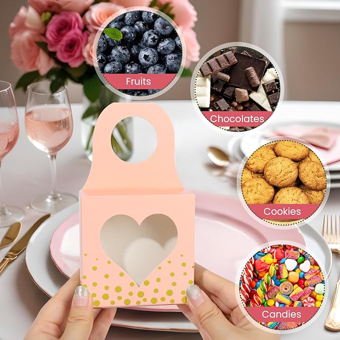 Megitzuu 50 Pieces Wine Bottle Box with Window, Pink Wine Boxes for Gifts Hanging Foldable Wine Gift Boxes Kraft Paper Wine Bottle Hanger Favor Box for Holding Candy Truffles Chocolate Cookies