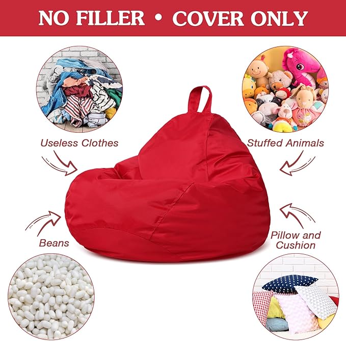 Meonum Bean Bag Chair Cover(No Filler) for Kids Stuffed Storage Bean Bag Chair Cover with Inner Liners for Easy Cleaning Bean Bag for Organizing Children (Red,27.6 x 31.5 Inch)