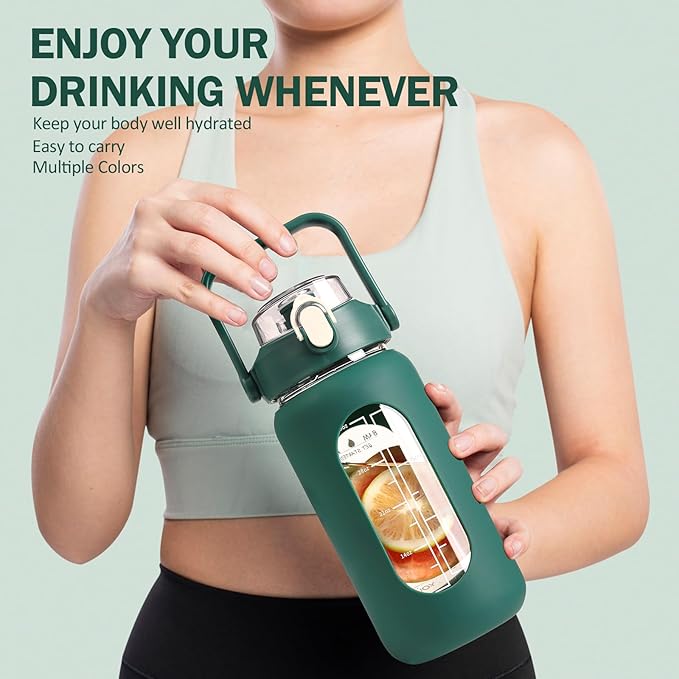 kytffu 42oz Glass Water Bottles with Straw, Motivational Glass Bottle with Silicone Sleeve and Time Marker, Leakproof Large Glass Water Jug for Gym Home Office, Ink green