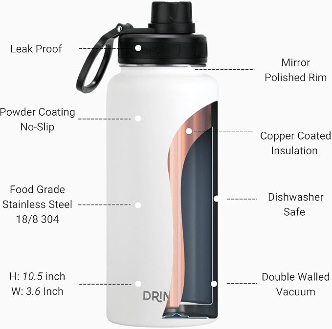 DRINCO Stainless Steel Water Bottle Spout Lid Vacuum Insulated Double Wall Water Bottle USA Flag Military Veteran (32oz US Flag Color Artic White, 32oz)